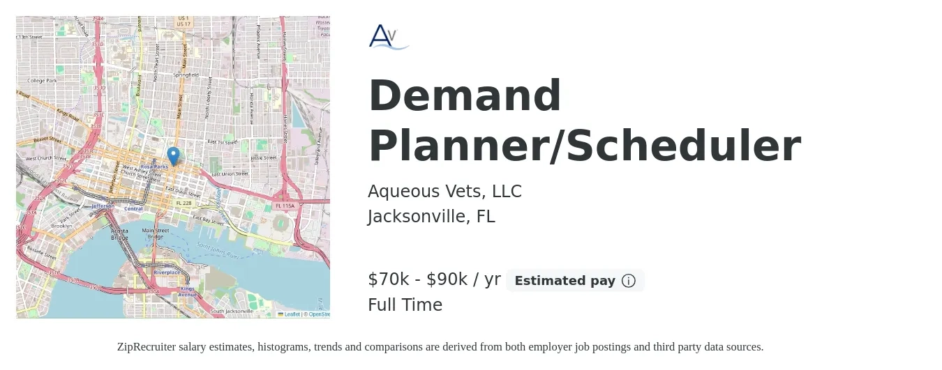 Aqueous Vets, LLC job posting for a Demand Planner/Scheduler in Jacksonville, FL with a salary of $70,000 to $90,000 Yearly with a map of Jacksonville location.