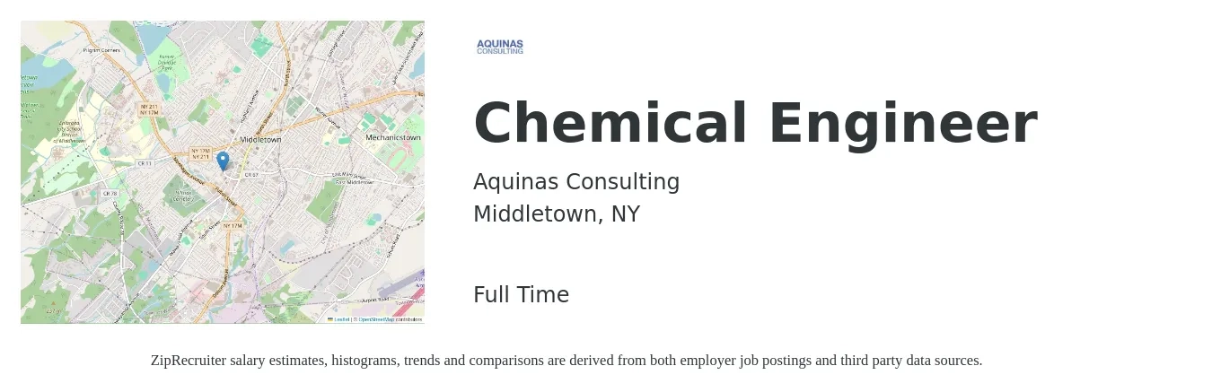 Aquinas Consulting job posting for a Chemical Engineer in Middletown, NY with a salary of $67,800 to $107,000 Yearly with a map of Middletown location.