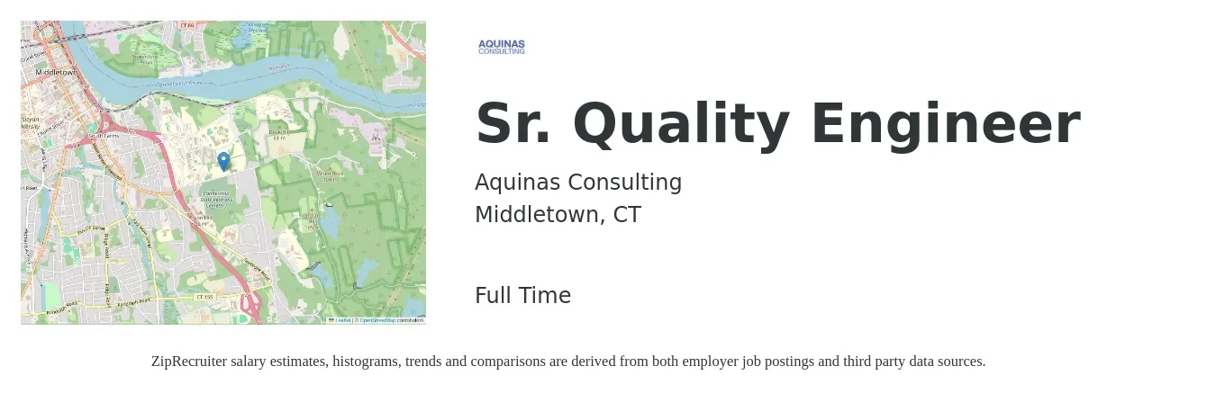 Aquinas Consulting job posting for a Sr. Quality Engineer in Middletown, CT with a salary of $89,600 to $121,500 Yearly with a map of Middletown location.