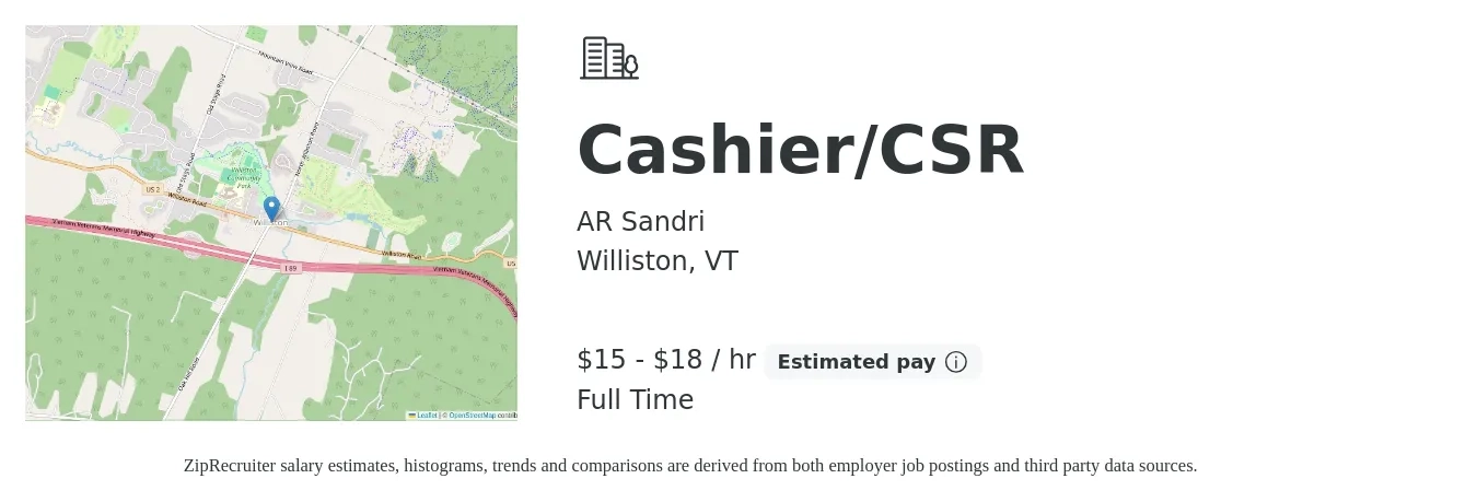 AR Sandri job posting for a Cashier/CSR in Williston, VT with a salary of $16 to $19 Hourly with a map of Williston location.