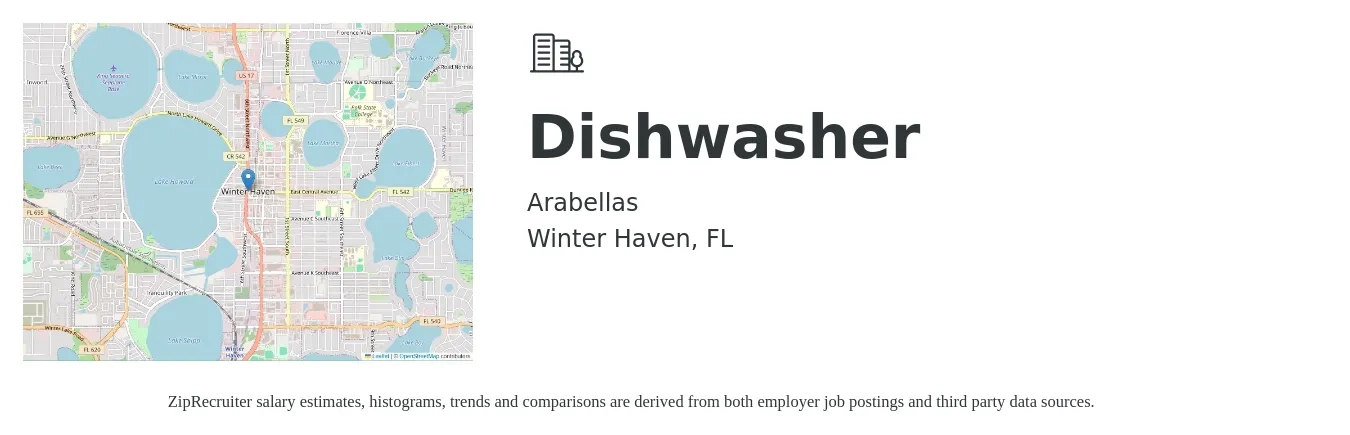 Arabellas job posting for a Dishwasher in Winter Haven, FL with a salary of $11 to $15 Hourly with a map of Winter Haven location.