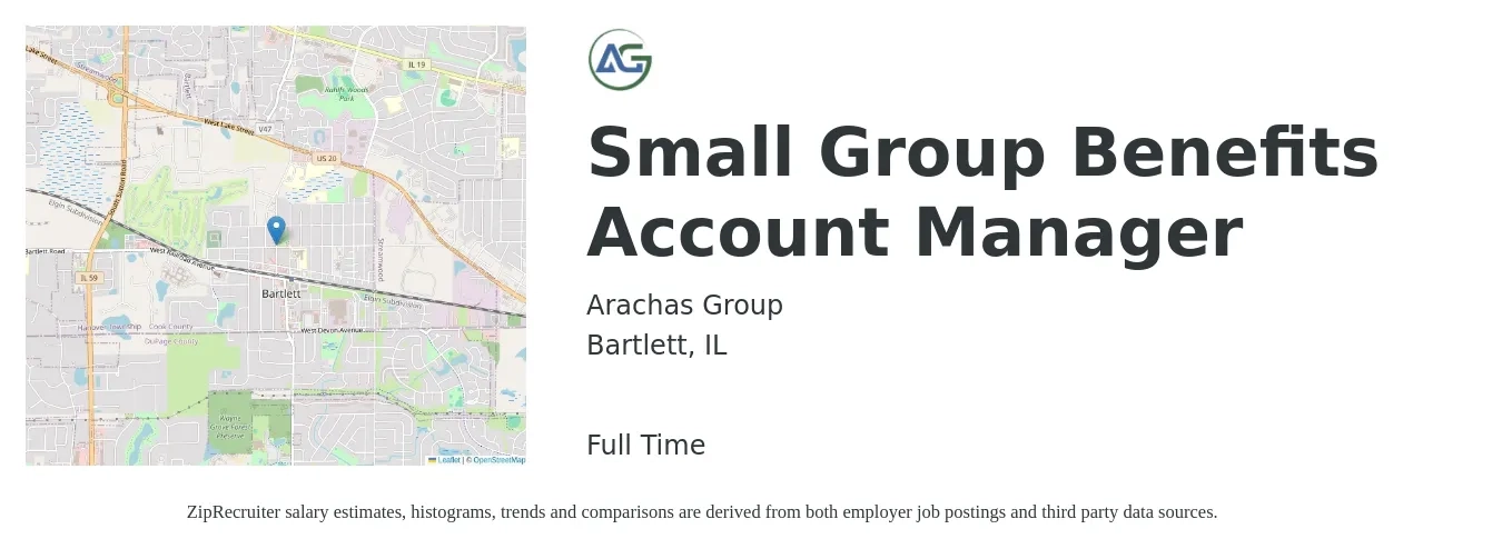 Arachas Group job posting for a Small Group Benefits Account Manager in Bartlett, IL with a salary of $47,500 to $77,700 Yearly with a map of Bartlett location.