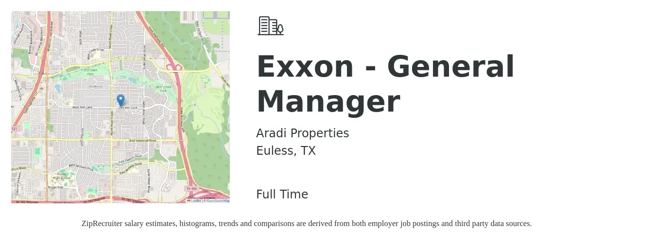 Aradi Properties job posting for a Exxon - General Manager in Euless, TX with a salary of $45,800 to $68,500 Yearly with a map of Euless location.