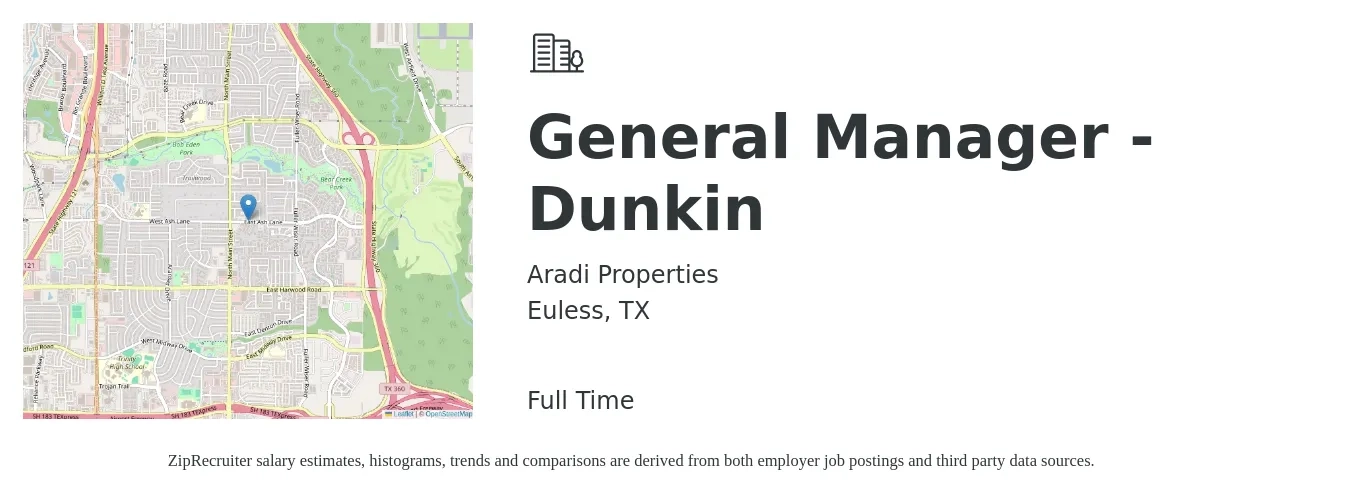 Aradi Properties job posting for a General Manager - Dunkin in Euless, TX with a salary of $45,800 to $68,500 Yearly with a map of Euless location.