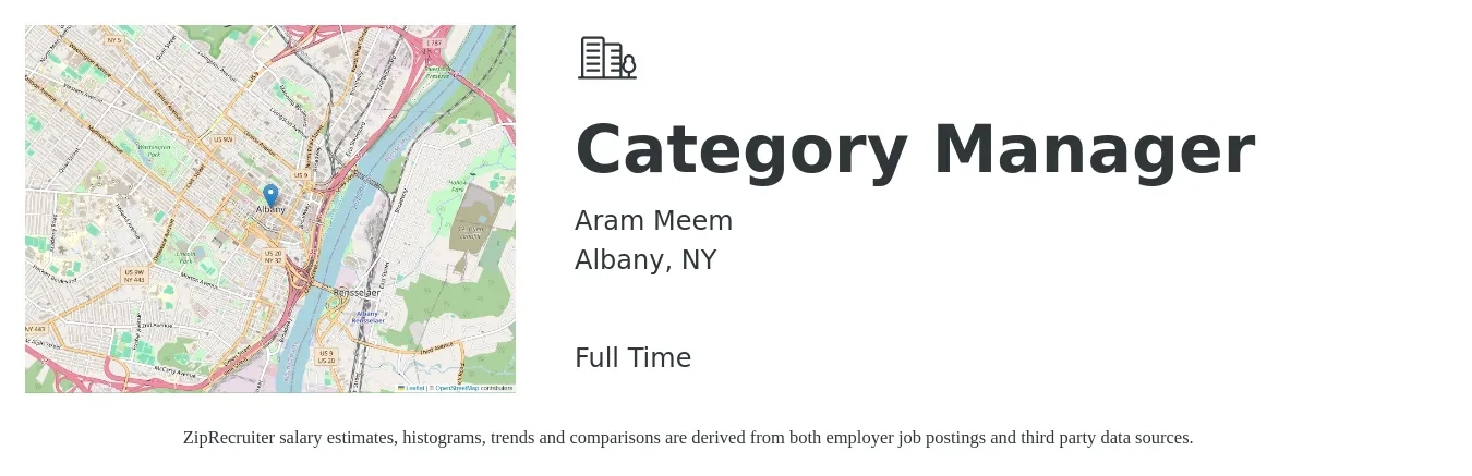 Aram Meem job posting for a Category Manager in Albany, NY with a salary of $75,000 to $109,700 Yearly with a map of Albany location.