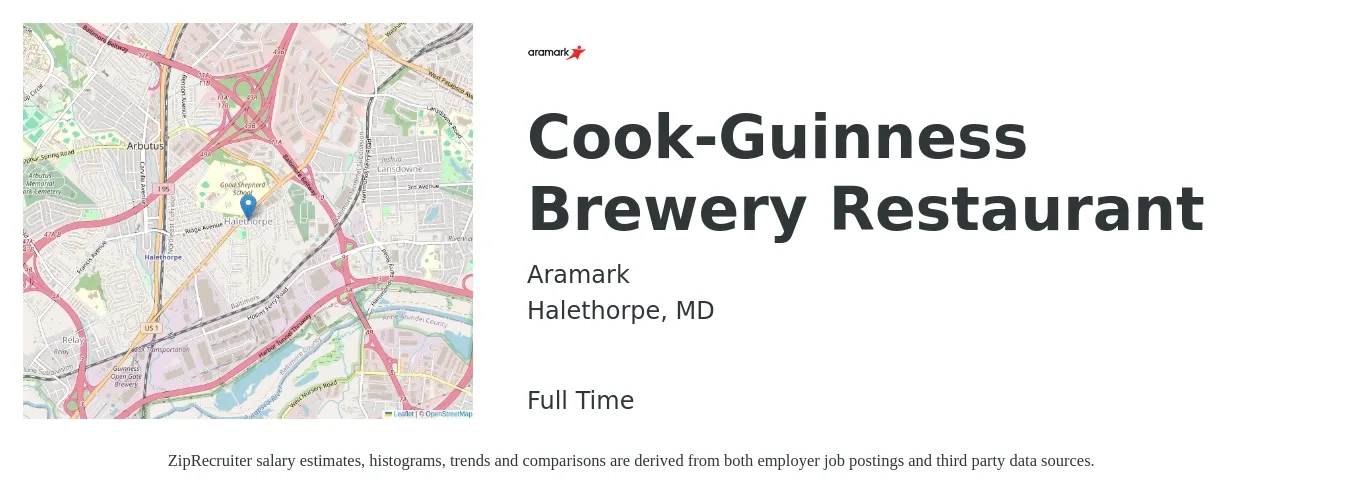 Aramark job posting for a Cook - Guinness Brewery Restaurant in Halethorpe, MD with a salary of $14 to $18 Hourly with a map of Halethorpe location.