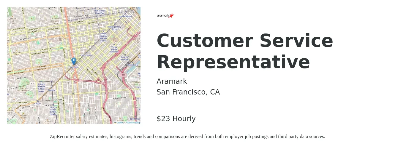 Aramark job posting for a Customer Service Representative in San Francisco, CA with a salary of $24 Hourly with a map of San Francisco location.