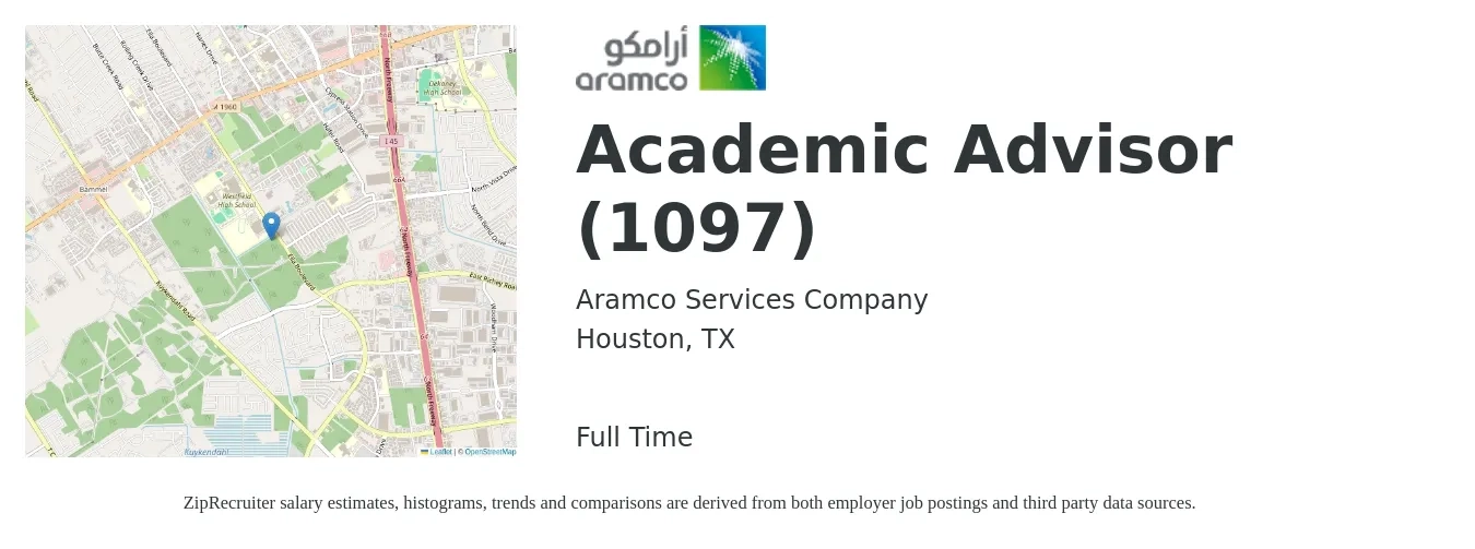 Aramco Services Company job posting for a Academic Advisor (1097) in Houston, TX with a salary of $40,100 to $49,200 Yearly with a map of Houston location.