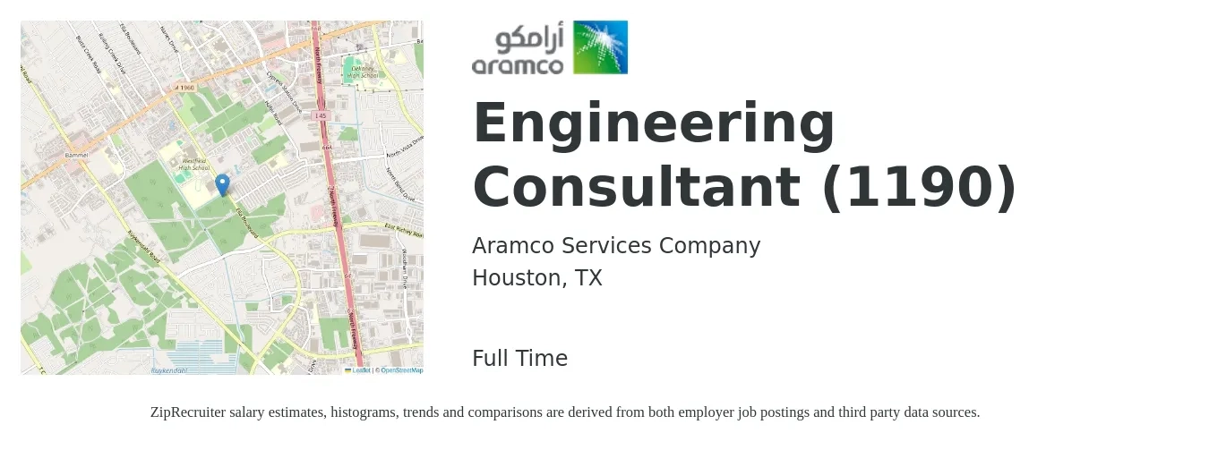 Aramco Services Company job posting for a Engineering Consultant (1190) in Houston, TX with a salary of $29 to $55 Hourly with a map of Houston location.