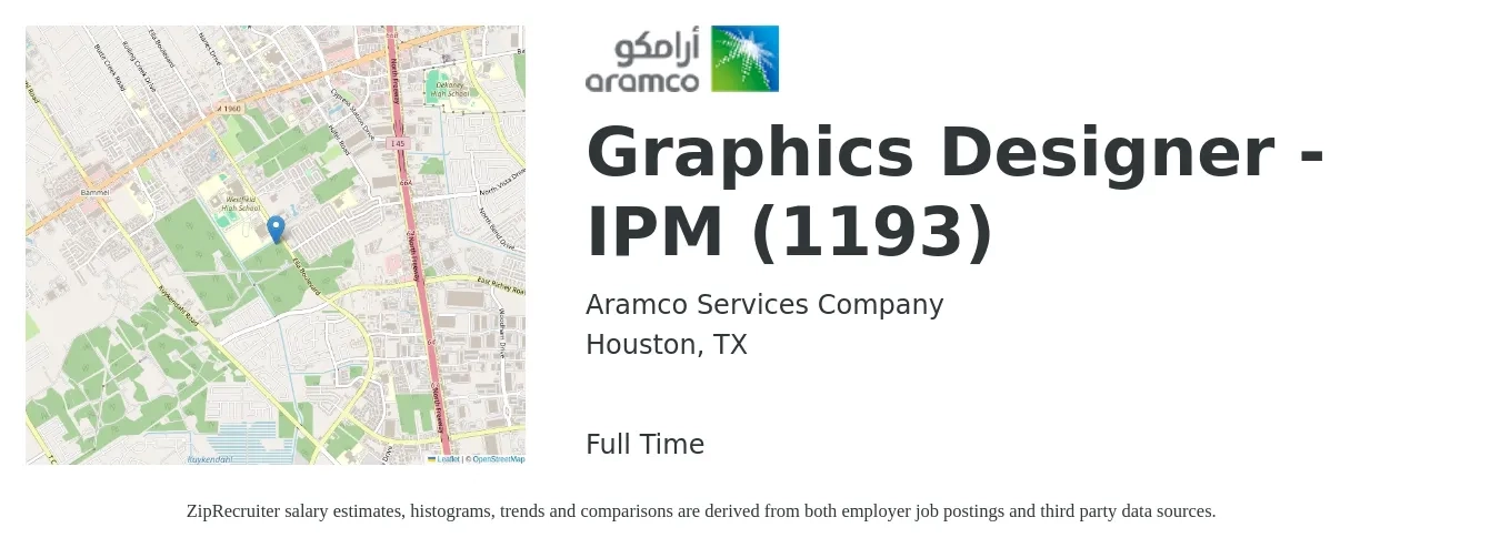 Aramco Services Company job posting for a Graphics Designer - IPM (1193) in Houston, TX with a salary of $20 to $31 Hourly with a map of Houston location.