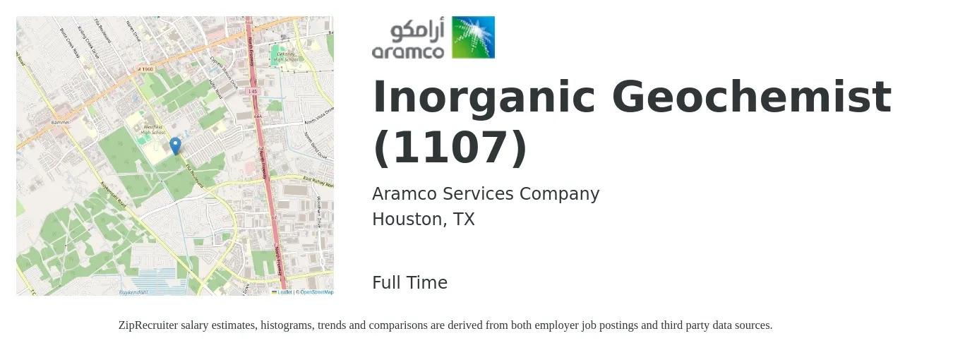Aramco Services Company job posting for a Inorganic Geochemist (1107) in Houston, TX with a salary of $26 to $38 Hourly with a map of Houston location.