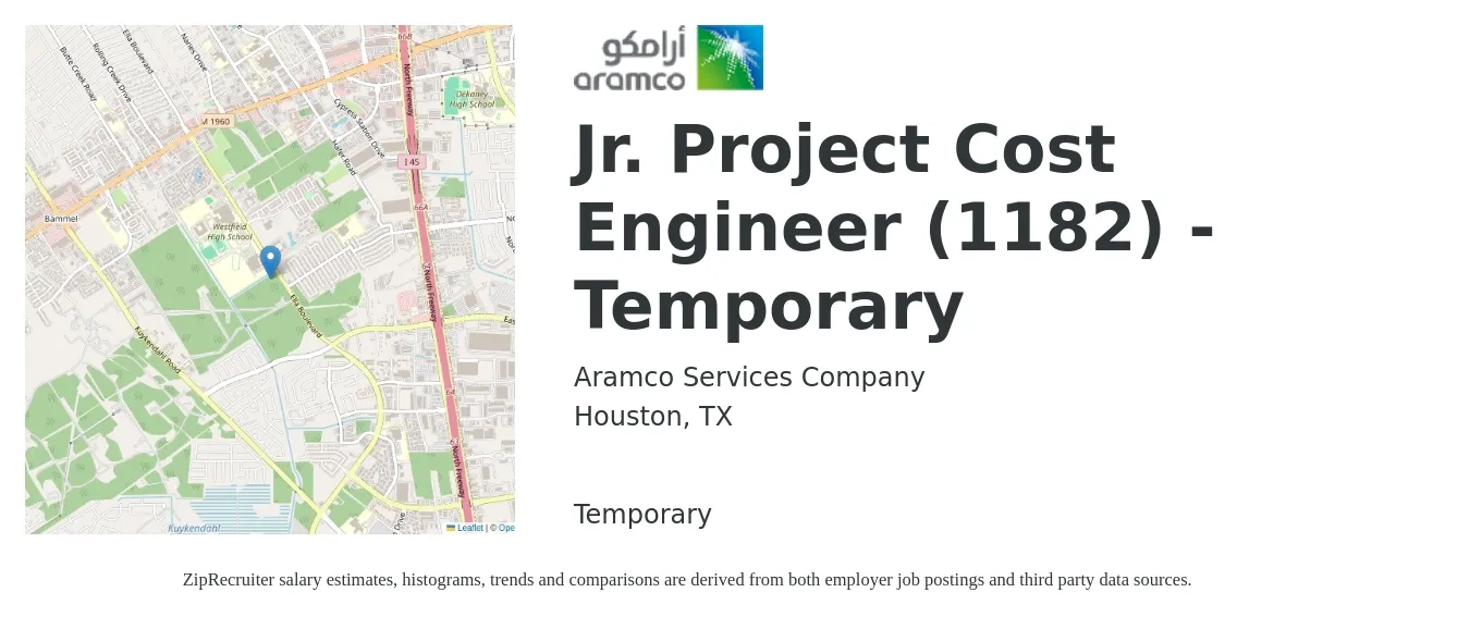 Aramco Services Company job posting for a Jr. Project Cost Engineer (1182) - Temporary in Houston, TX with a salary of $64,000 to $84,500 Yearly with a map of Houston location.