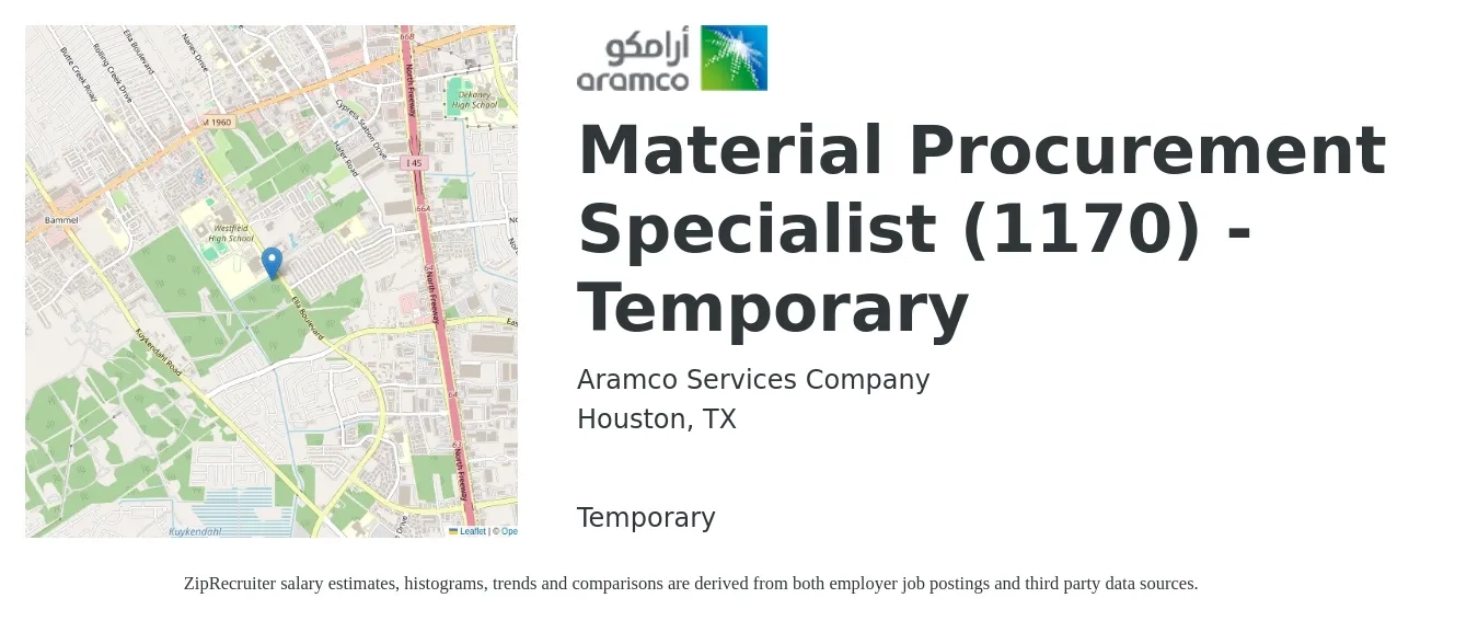 Aramco Services Company job posting for a Material Procurement Specialist (1170) - Temporary in Houston, TX with a salary of $48,100 to $71,800 Yearly with a map of Houston location.