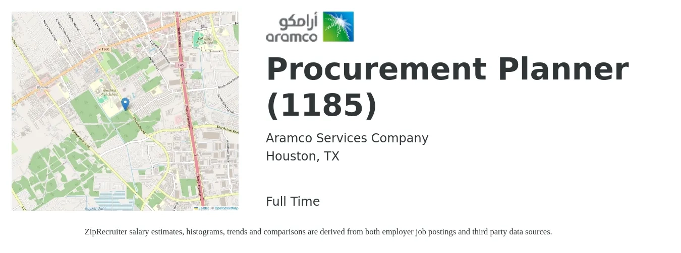 Aramco Services Company job posting for a Procurement Planner (1185) in Houston, TX with a map of Houston location.