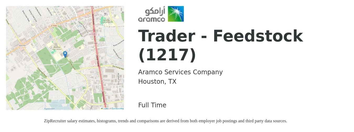 Aramco Services Company job posting for a Trader - Feedstock (1217) in Houston, TX with a salary of $53,900 to $100,700 Yearly with a map of Houston location.