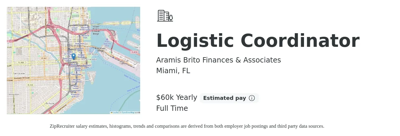 Aramis Brito Finances & Associates job posting for a Logistic Coordinator in Miami, FL with a salary of $60,000 Yearly with a map of Miami location.