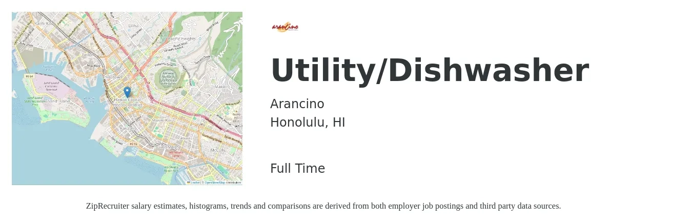 Arancino job posting for a Utility/Dishwasher in Honolulu, HI with a salary of $13 to $16 Hourly with a map of Honolulu location.