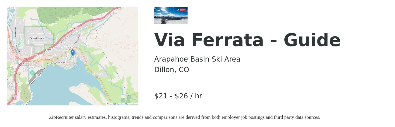 Arapahoe Basin Ski Area job posting for a Via Ferrata - Guide in Dillon, CO with a salary of $22 to $28 Hourly with a map of Dillon location.