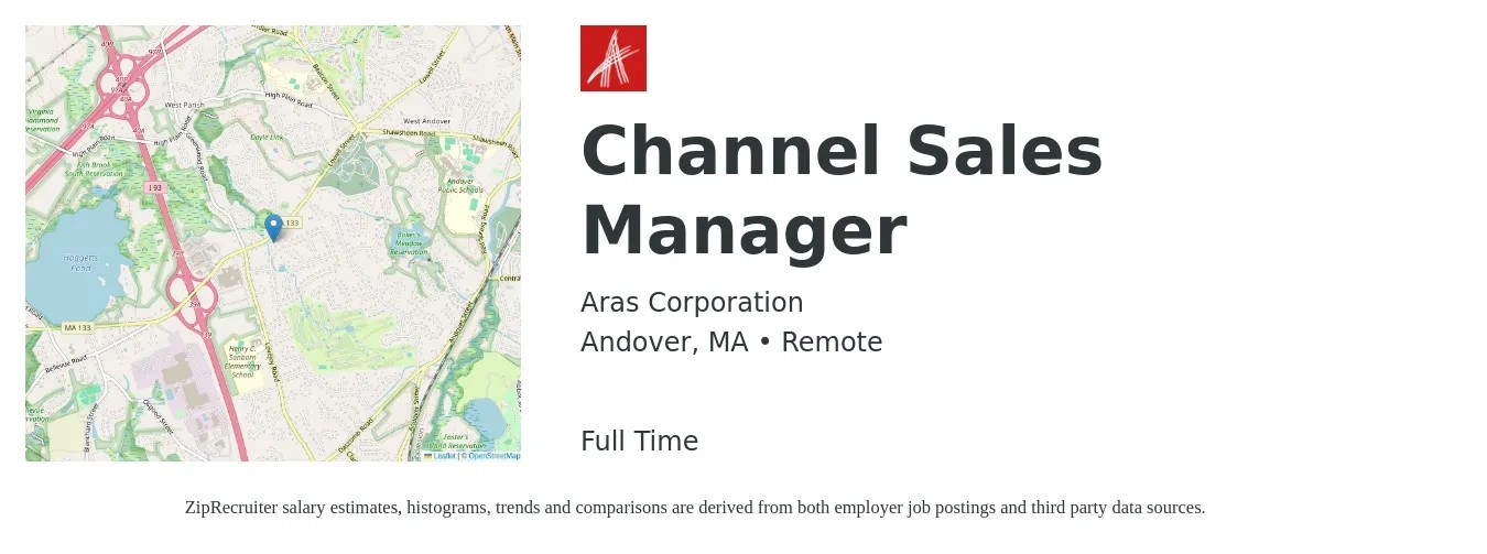 Aras Corporation job posting for a Channel Sales Manager in Andover, MA with a salary of $153,600 Yearly with a map of Andover location.