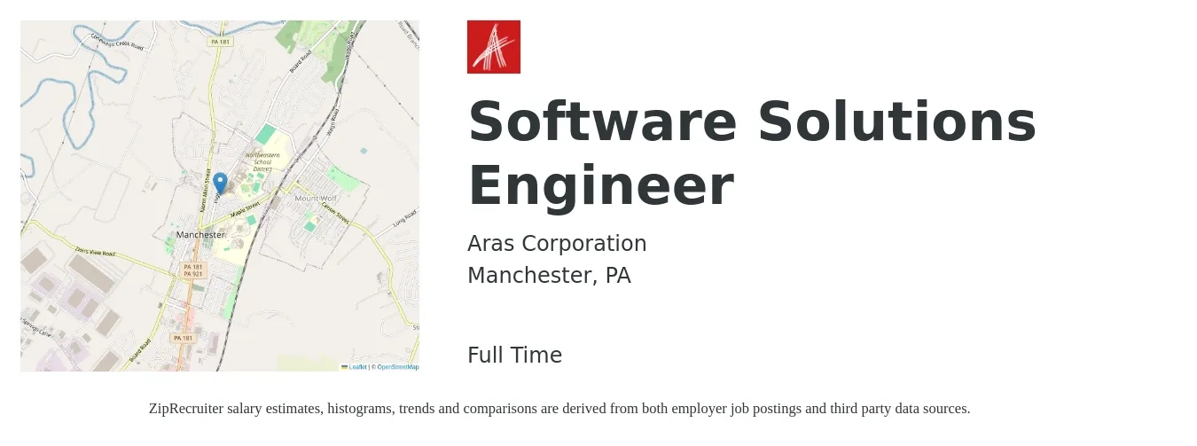 Aras Corporation job posting for a Software Solutions Engineer in Manchester, PA with a salary of $111,900 to $161,400 Yearly with a map of Manchester location.