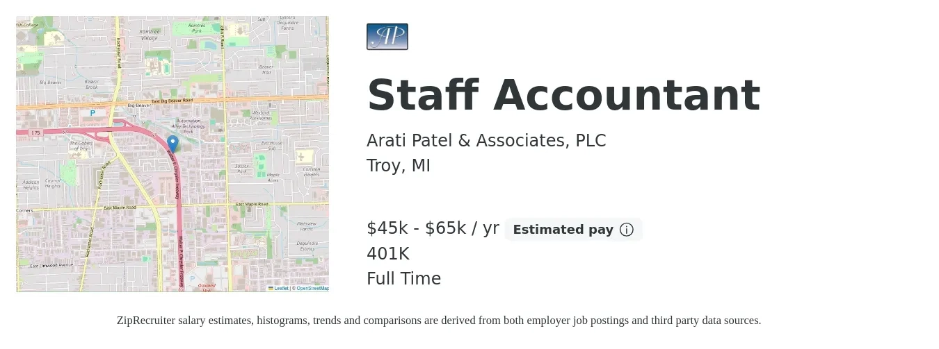 Arati Patel & Associates, PLC job posting for a Staff Accountant in Troy, MI with a salary of $45,000 to $65,000 Yearly (plus commission) and benefits including 401k with a map of Troy location.
