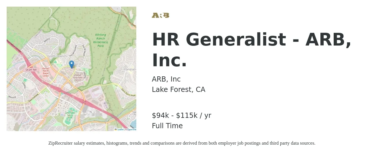 ARB, Inc job posting for a HR Generalist - ARB, Inc. in Lake Forest, CA with a salary of $94,000 to $115,000 Yearly with a map of Lake Forest location.