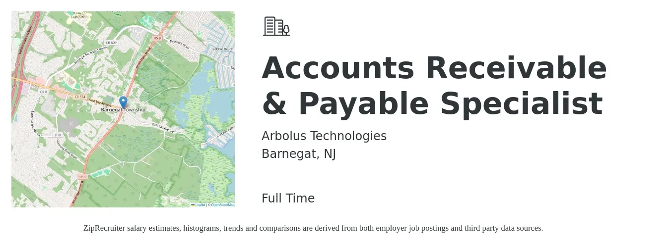 Arbolus Technologies job posting for a Accounts Receivable & Payable Specialist in Barnegat, NJ with a salary of $22 to $28 Hourly with a map of Barnegat location.