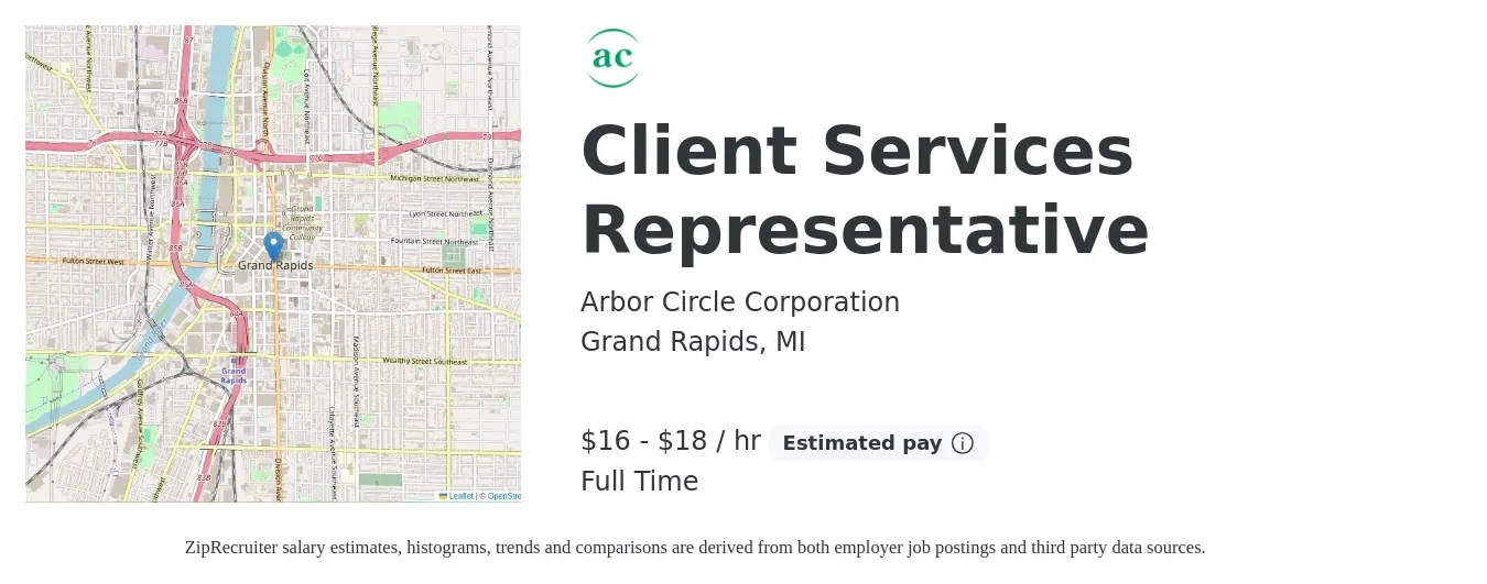 Arbor Circle Corporation job posting for a Client Services Representative in Grand Rapids, MI with a salary of $17 to $20 Hourly with a map of Grand Rapids location.
