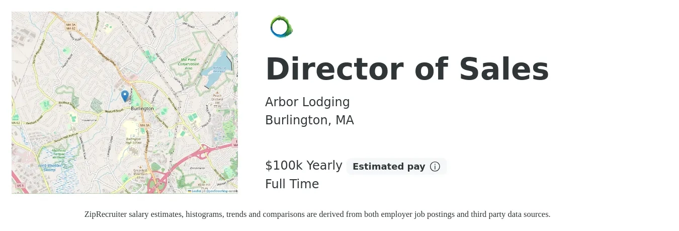 Arbor Lodging job posting for a Director of Sales in Burlington, MA with a salary of $100,000 Yearly with a map of Burlington location.