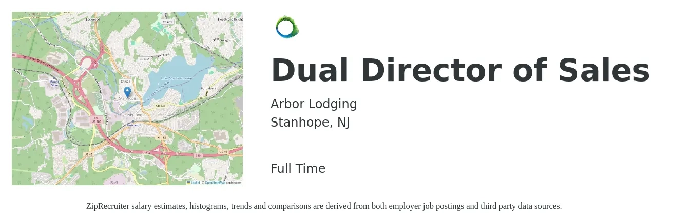 Arbor Lodging job posting for a Dual Director of Sales in Stanhope, NJ with a salary of $69,500 to $123,300 Yearly with a map of Stanhope location.