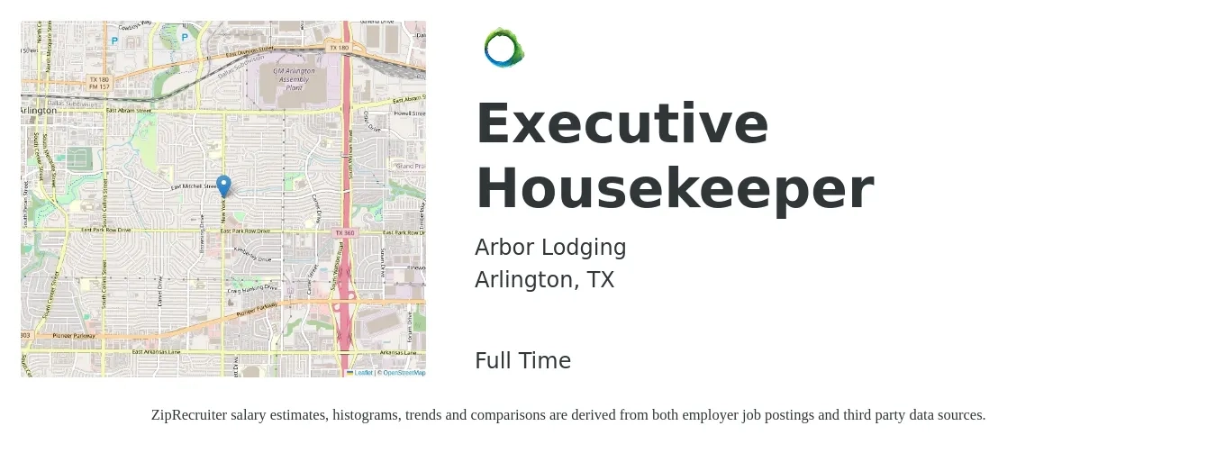 Arbor Lodging job posting for a Executive Housekeeper in Arlington, TX with a salary of $16 to $25 Hourly with a map of Arlington location.