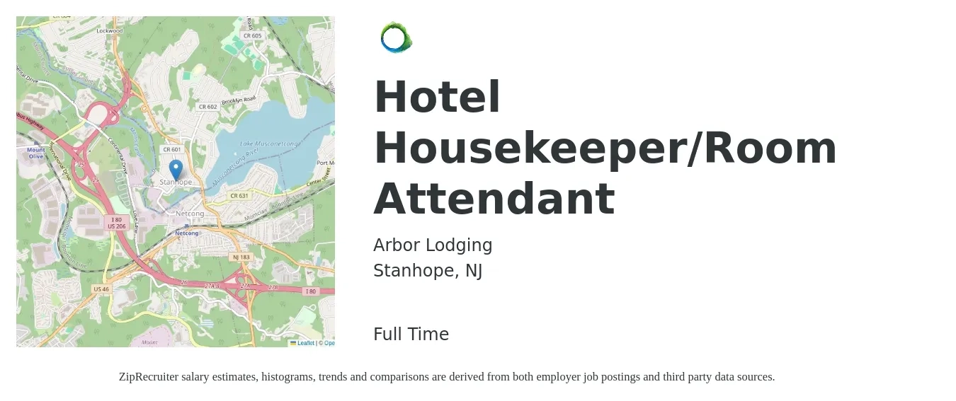 Arbor Lodging job posting for a Hotel Housekeeper/Room Attendant in Stanhope, NJ with a salary of $14 to $16 Hourly with a map of Stanhope location.