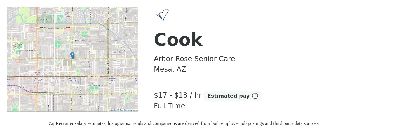Arbor Rose Senior Care job posting for a Cook in Mesa, AZ with a salary of $18 to $19 Hourly with a map of Mesa location.