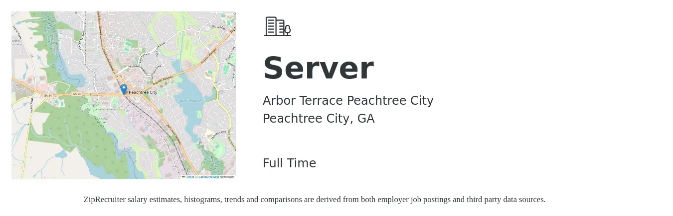 Arbor Terrace Peachtree City job posting for a Server in Peachtree City, GA with a salary of $10 to $17 Hourly with a map of Peachtree City location.