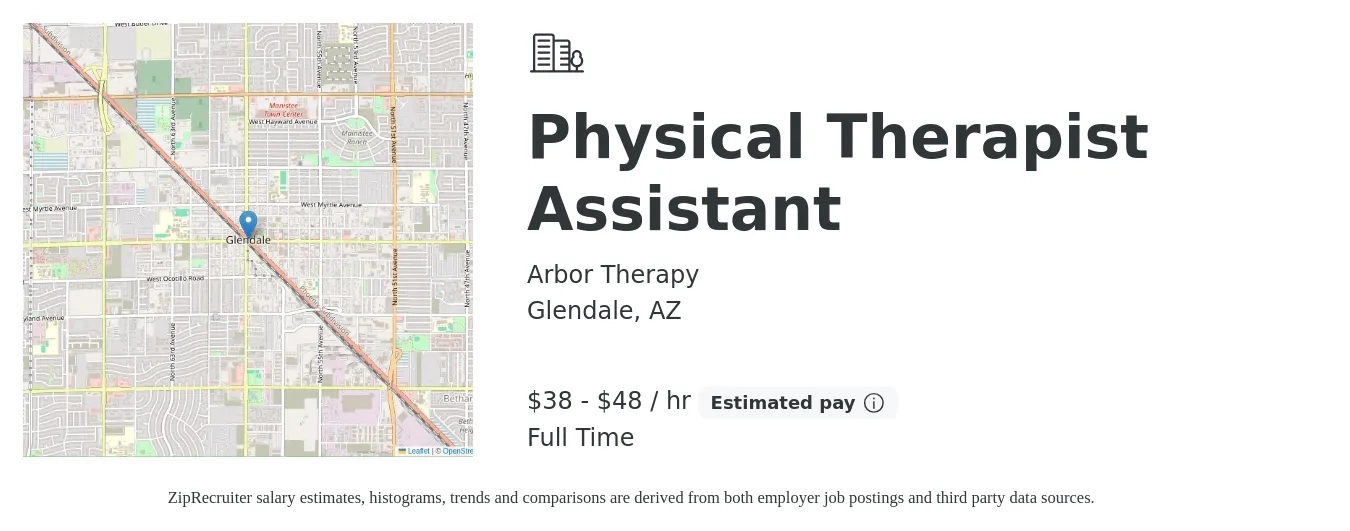 Arbor Therapy job posting for a Physical Therapist Assistant in Glendale, AZ with a salary of $40 to $50 Hourly with a map of Glendale location.