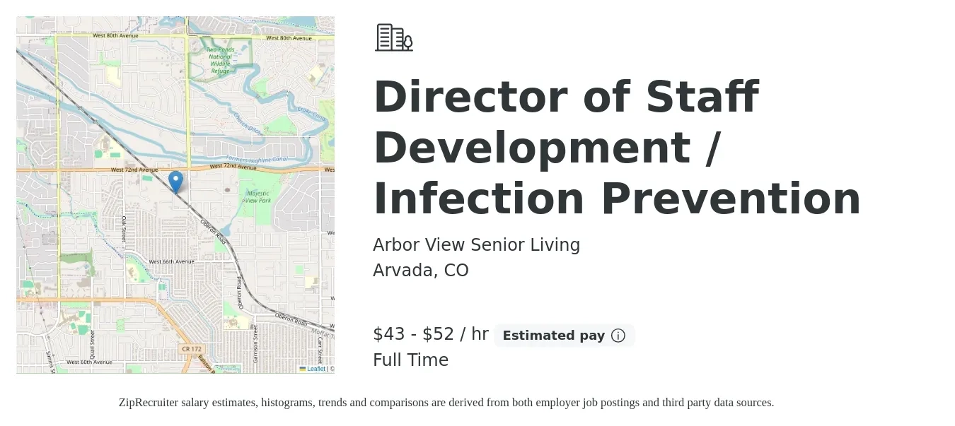 Arbor View Senior Living job posting for a Director of Staff Development / Infection Prevention in Arvada, CO with a salary of $45 to $55 Hourly with a map of Arvada location.