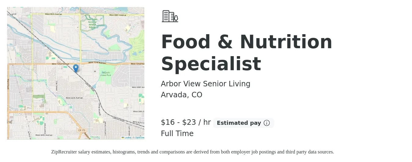 Arbor View Senior Living job posting for a Food & Nutrition Specialist in Arvada, CO with a salary of $17 to $25 Hourly with a map of Arvada location.