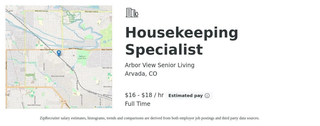 Arbor View Senior Living job posting for a Housekeeping Specialist in Arvada, CO with a salary of $17 to $19 Hourly with a map of Arvada location.