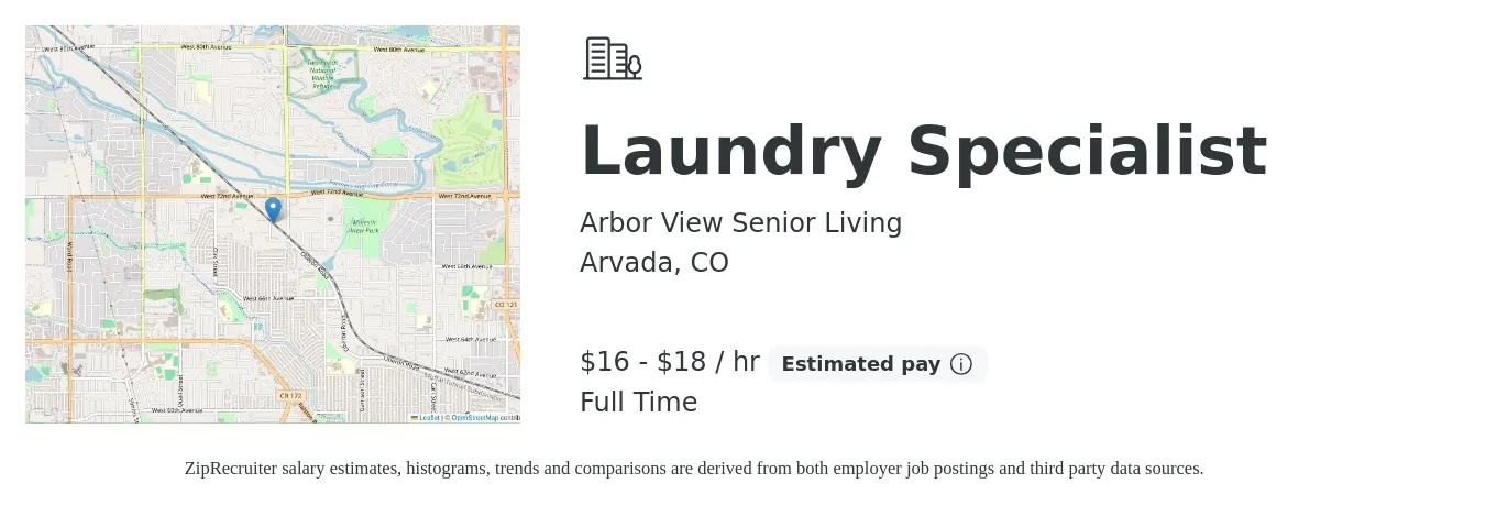 Arbor View Senior Living job posting for a Laundry Specialist in Arvada, CO with a salary of $17 to $19 Hourly with a map of Arvada location.