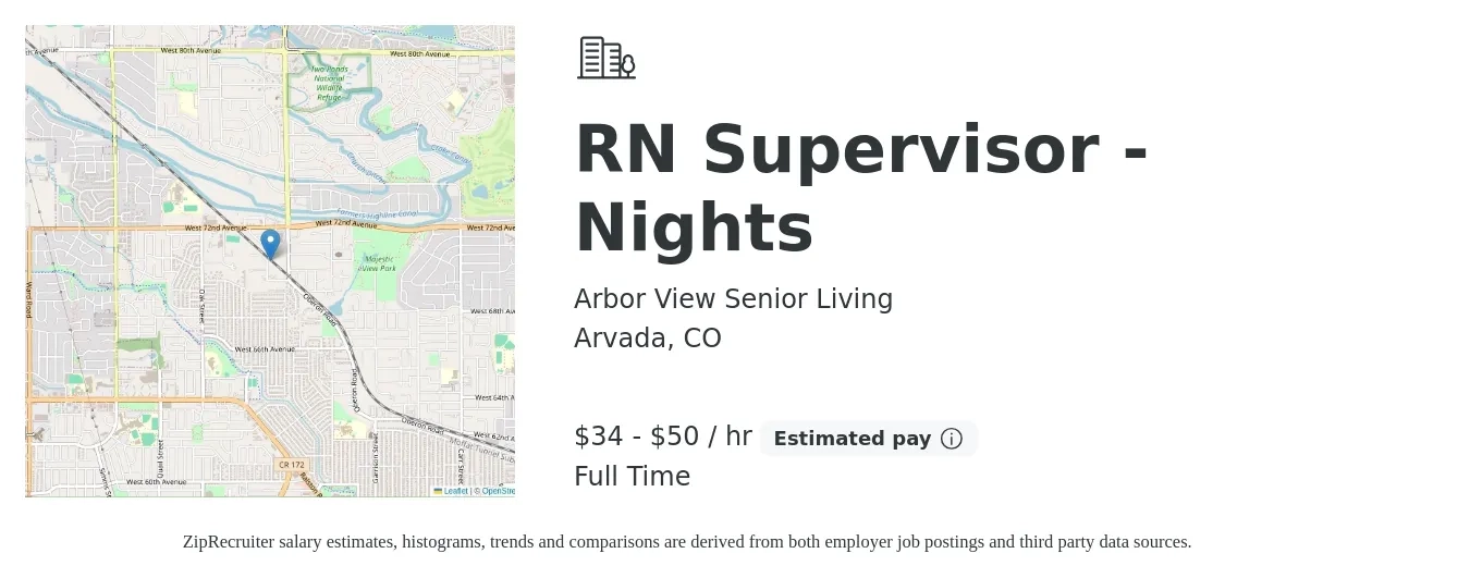 Arbor View Senior Living job posting for a RN Supervisor - Nights in Arvada, CO with a salary of $36 to $52 Hourly with a map of Arvada location.