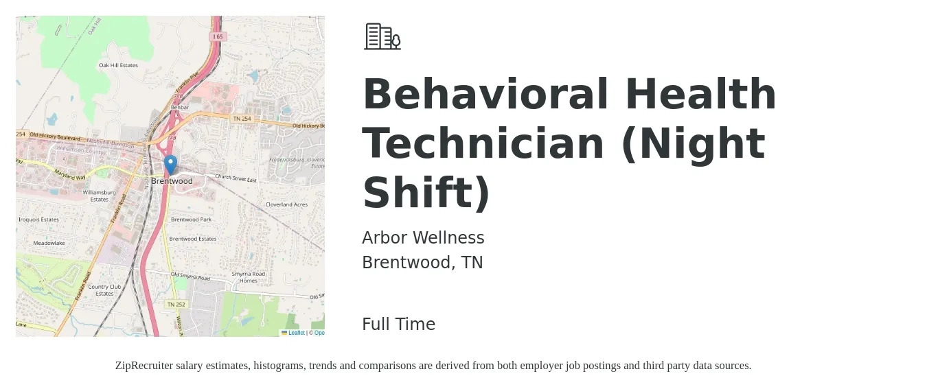 Arbor Wellness job posting for a Behavioral Health Technician (Night Shift) in Brentwood, TN with a salary of $15 to $19 Hourly with a map of Brentwood location.