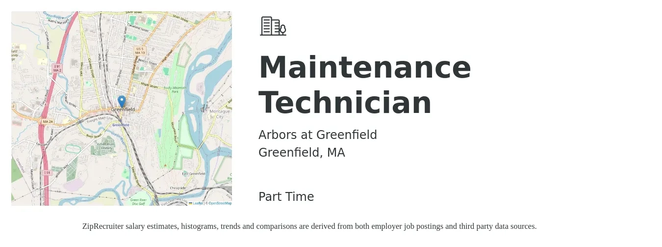 Arbors at Greenfield job posting for a Maintenance Technician in Greenfield, MA with a salary of $18 to $25 Hourly with a map of Greenfield location.