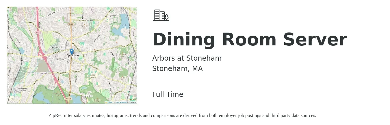 Arbors at Stoneham job posting for a Dining Room Server in Stoneham, MA with a salary of $14 to $18 Hourly with a map of Stoneham location.