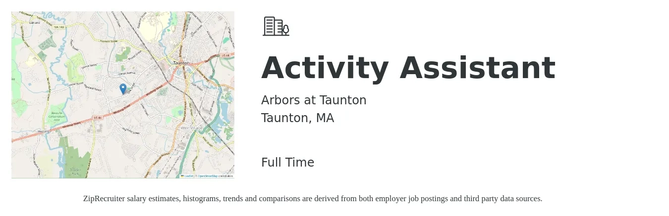 Arbors at Taunton job posting for a Activity Assistant in Taunton, MA with a salary of $16 to $18 Hourly with a map of Taunton location.