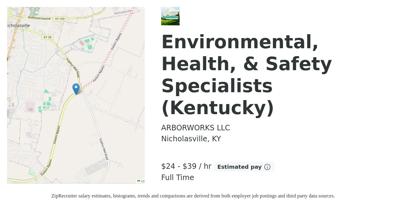 ARBORWORKS LLC job posting for a Environmental, Health, & Safety Specialists (Kentucky) in Nicholasville, KY with a salary of $25 to $41 Hourly with a map of Nicholasville location.
