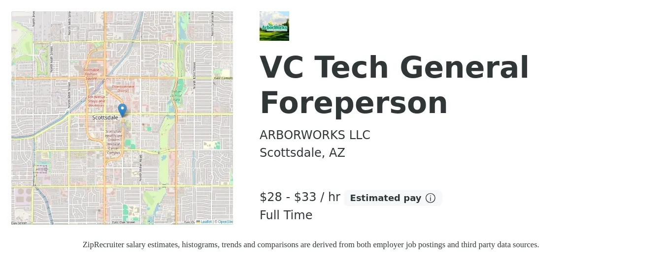 ARBORWORKS LLC job posting for a VC Tech General Foreperson in Scottsdale, AZ with a salary of $30 to $35 Hourly with a map of Scottsdale location.