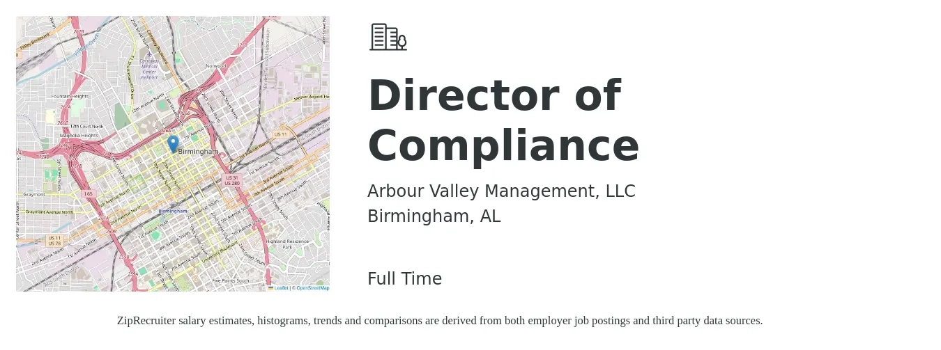 Arbour Valley Management, LLC job posting for a Director of Compliance in Birmingham, AL with a salary of $93,700 to $135,900 Yearly with a map of Birmingham location.