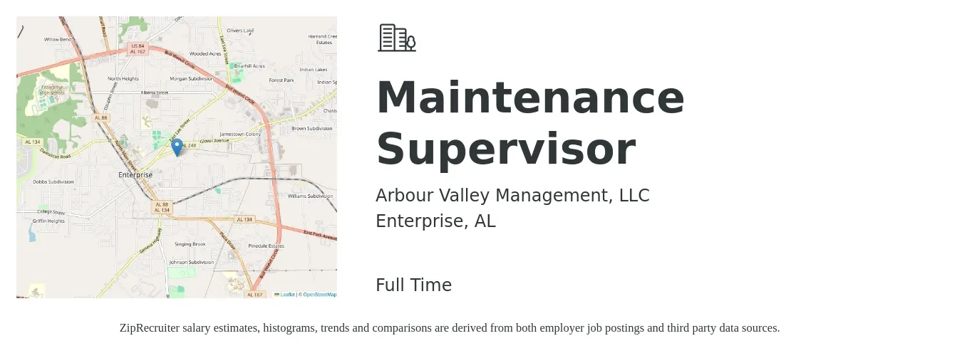 Arbour Valley Management, LLC job posting for a Maintenance Supervisor in Enterprise, AL with a salary of $19 to $32 Hourly with a map of Enterprise location.