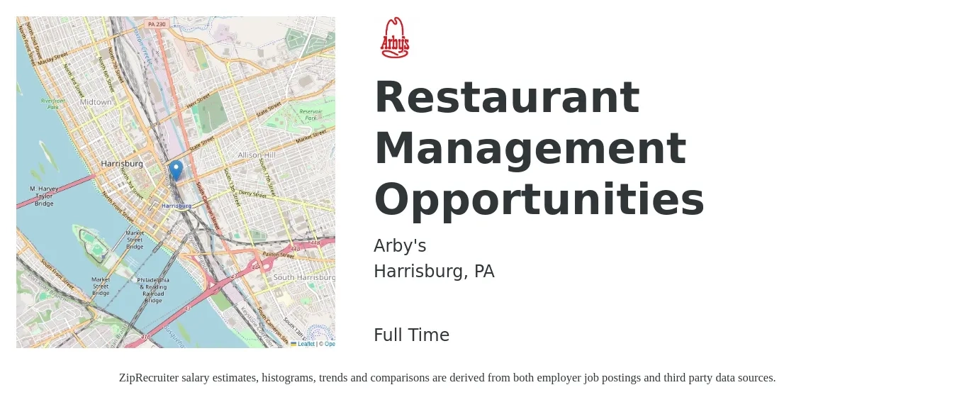Arby's job posting for a Restaurant Management Opportunities in Harrisburg, PA with a salary of $39,500 to $63,700 Yearly with a map of Harrisburg location.