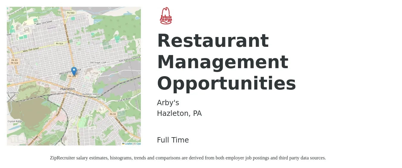 Arby's job posting for a Restaurant Management Opportunities in Hazleton, PA with a salary of $39,600 to $63,900 Yearly with a map of Hazleton location.